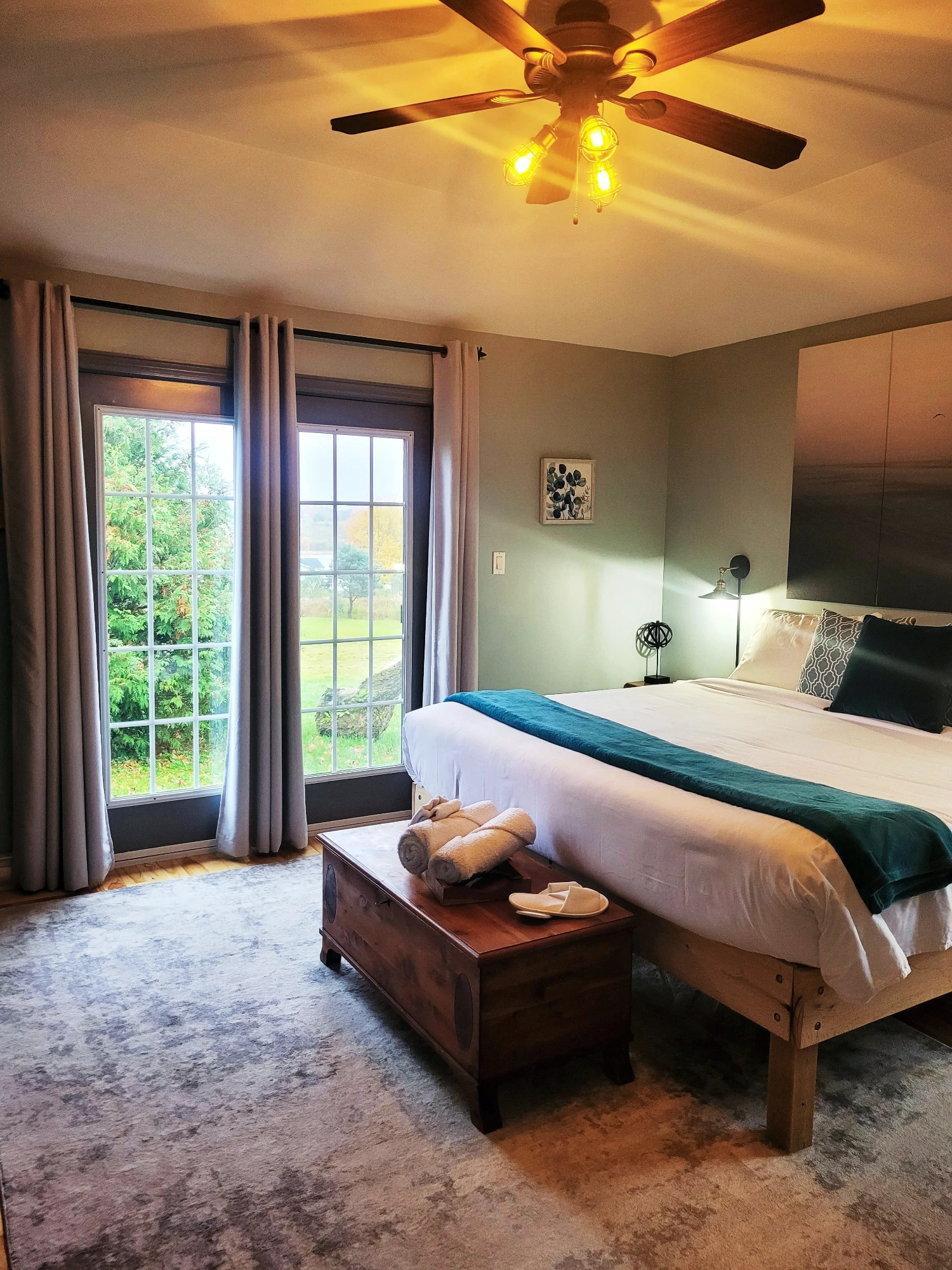 Farmhouse Primary bedroom French doors